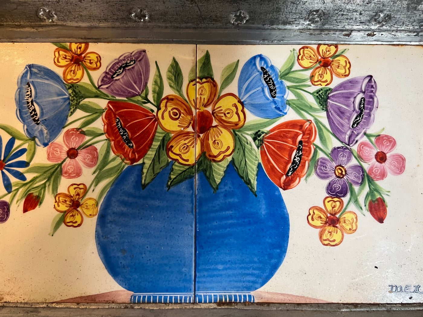 Antique Mexican Folk Art Tin & Tile Tray