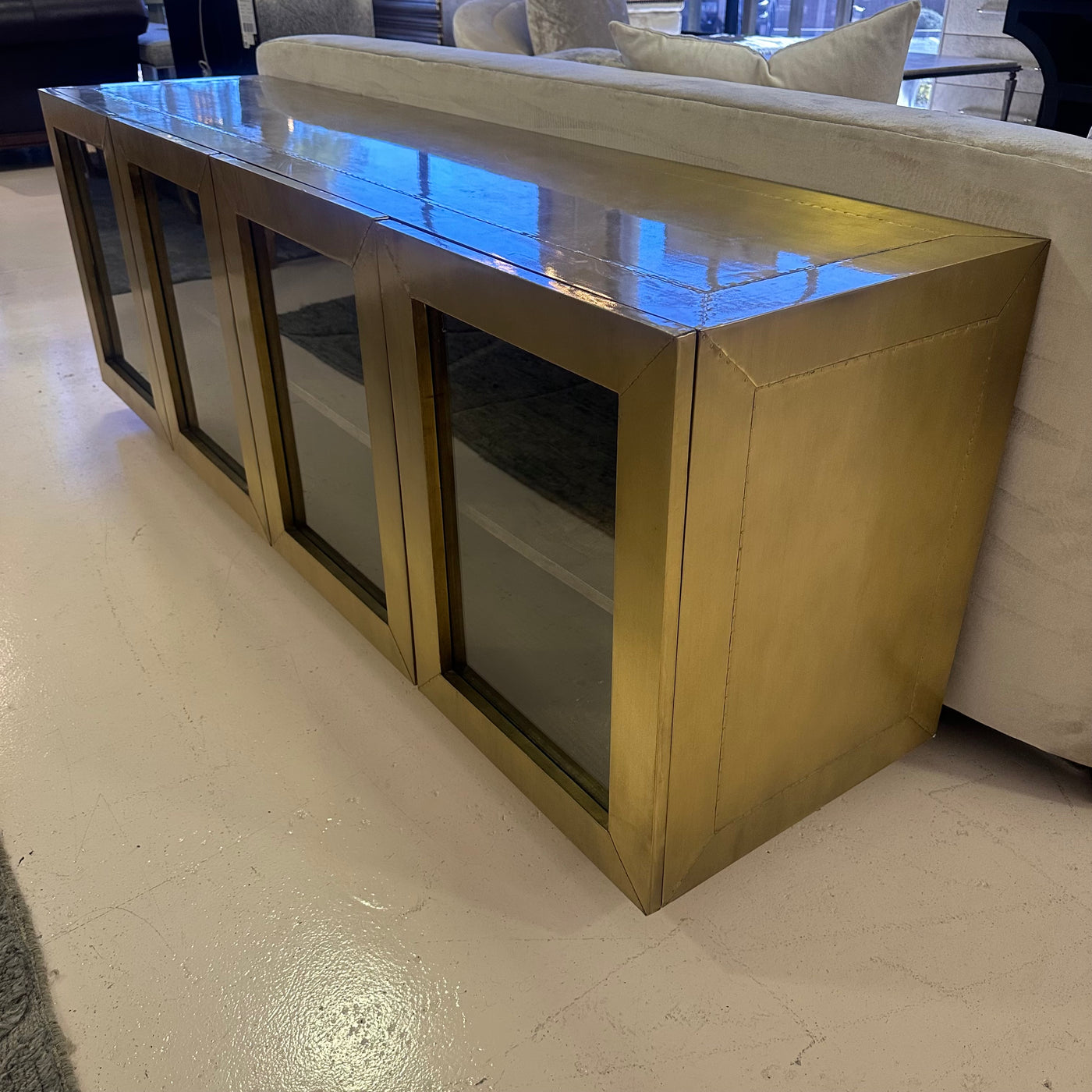 four hands freda media console brass cabinet