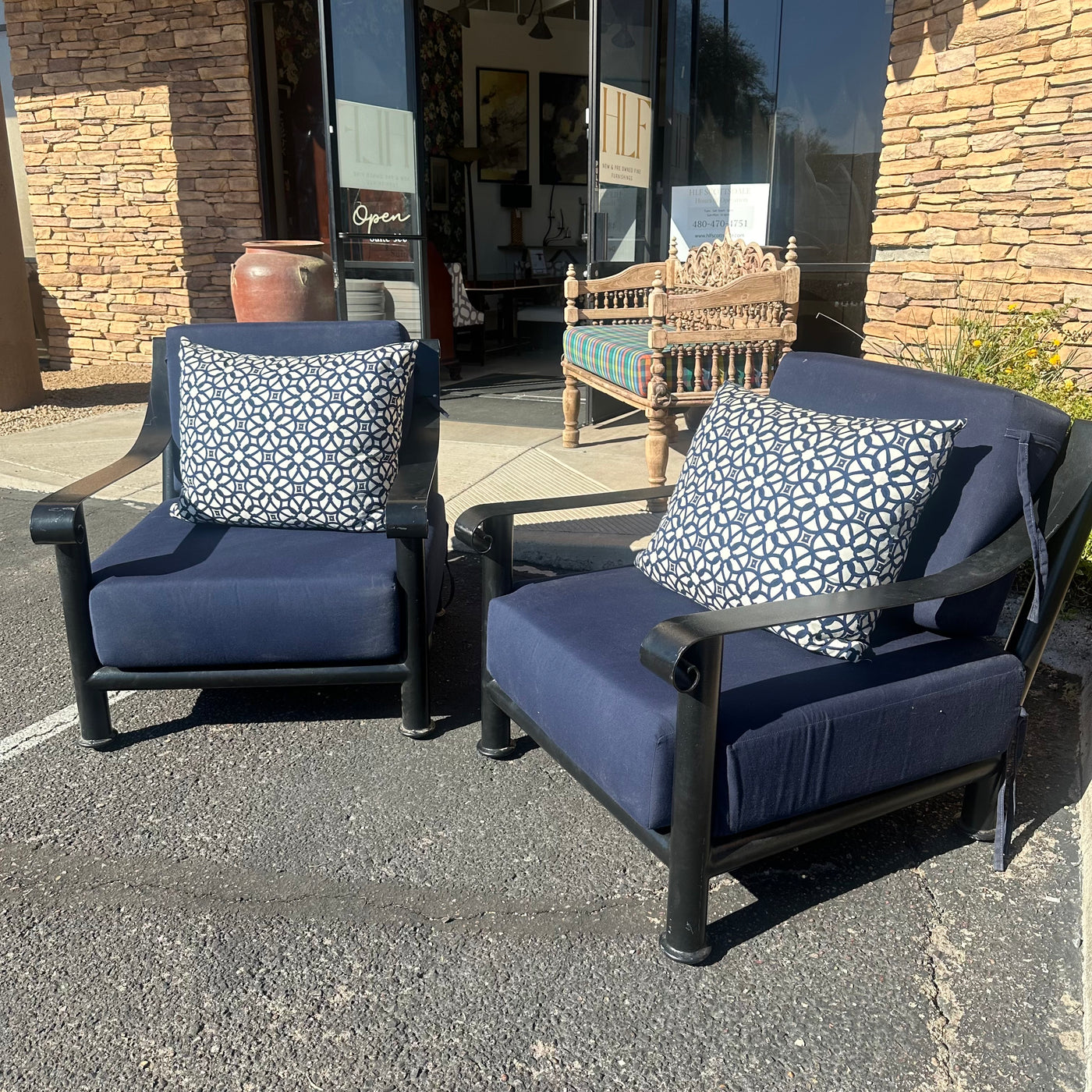 Heavy Wrought Iron Patio Chairs with Sunbrella Cushions