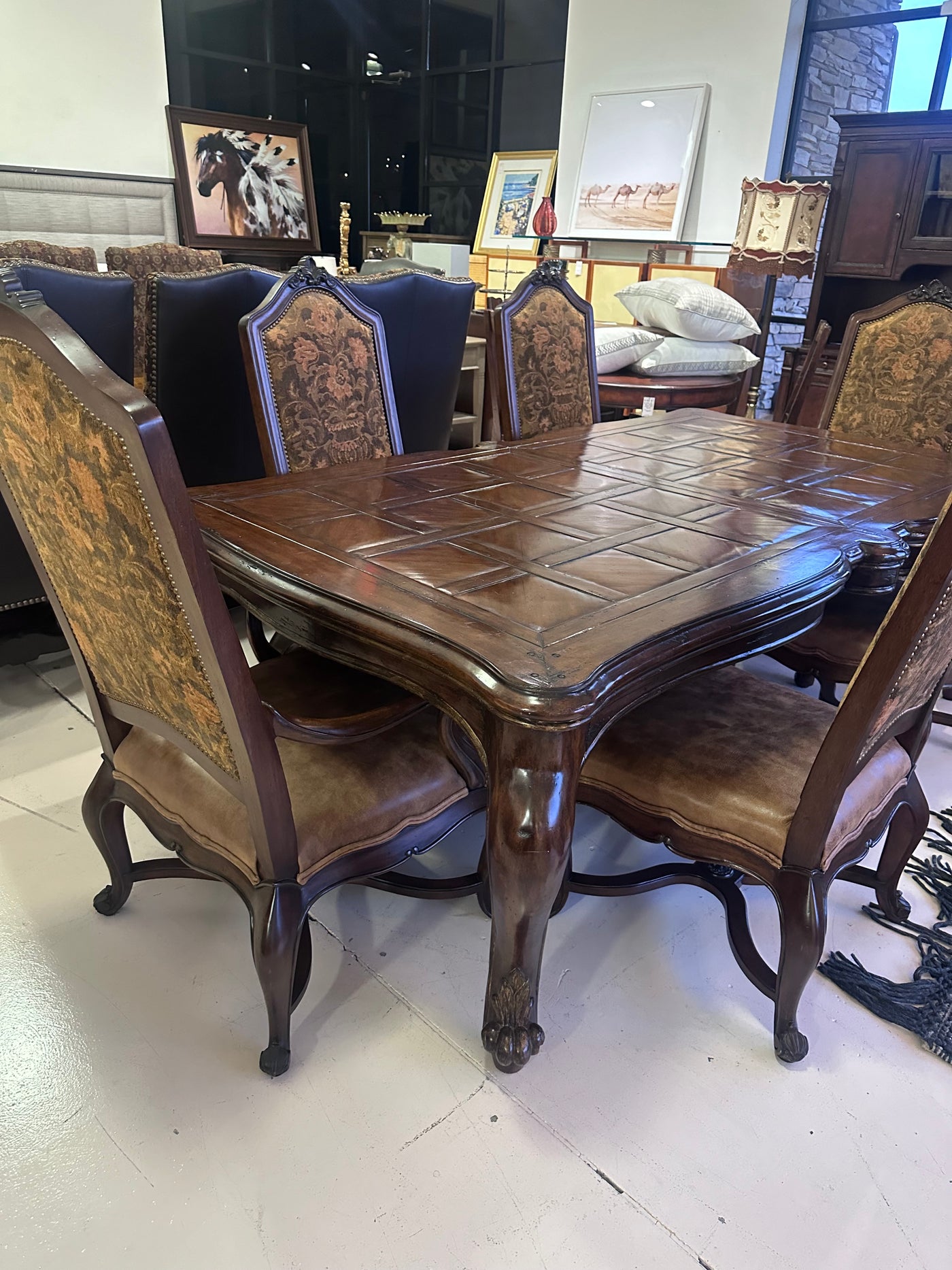 Marge Carson Dining Table - Includes 6 Henredon Dining Chairs w/ Brown Leather Seats