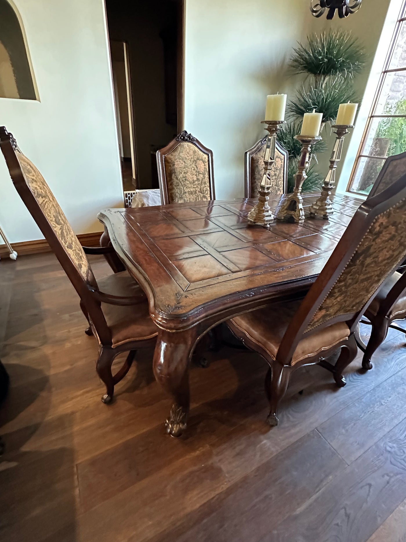 Marge Carson Dining Table - Includes 6 Henredon Dining Chairs w/ Brown Leather Seats