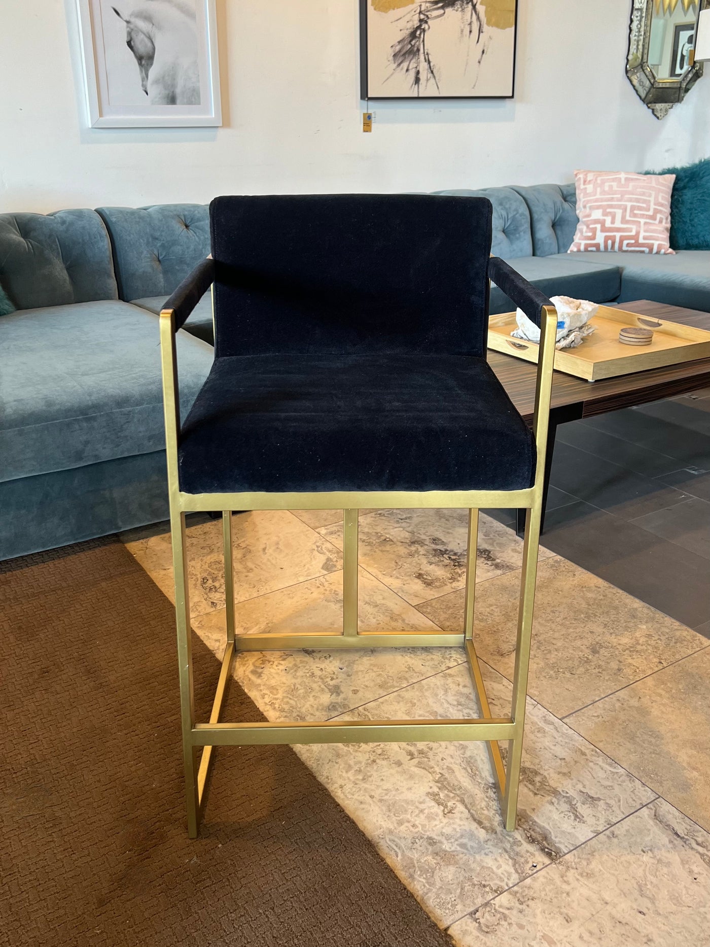 Restoration Hardware Counter Height Blue & Gold Bar Stools