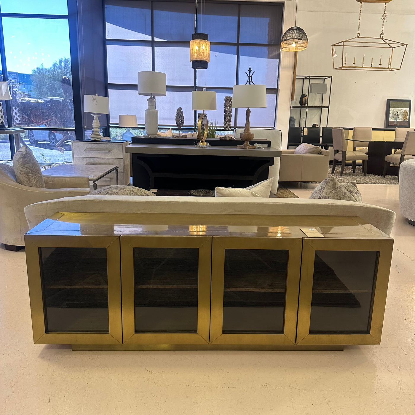 four hands freda media console brass cabinet