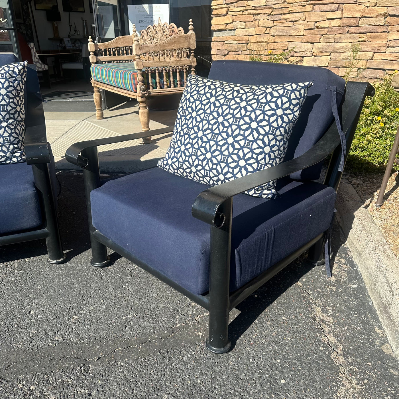 Heavy Wrought Iron Patio Chairs with Sunbrella Cushions