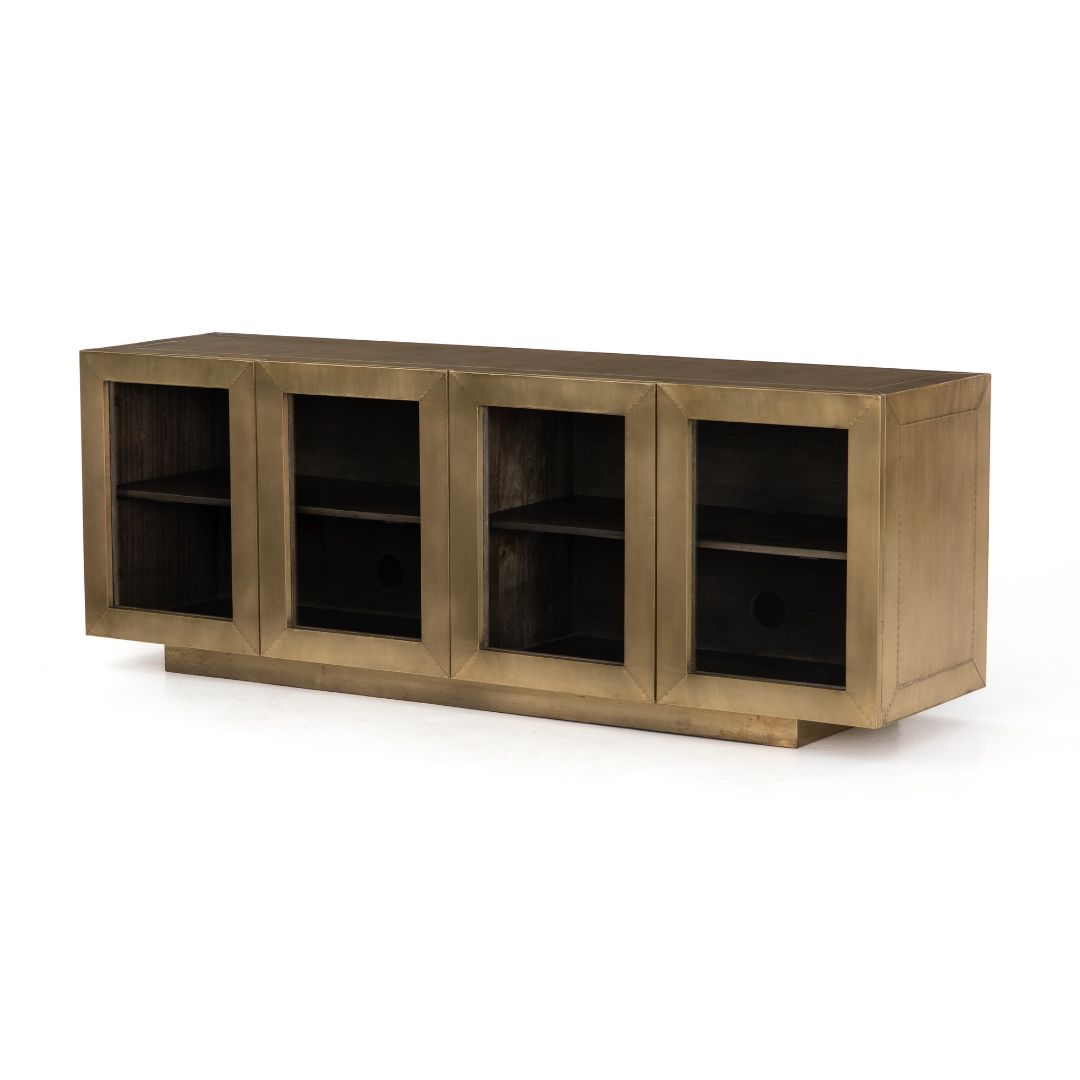 four hands freda media console brass cabinet