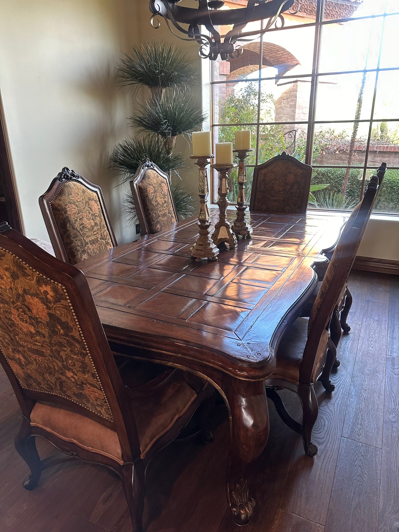 Marge Carson Dining Table - Includes 6 Henredon Dining Chairs w/ Brown Leather Seats