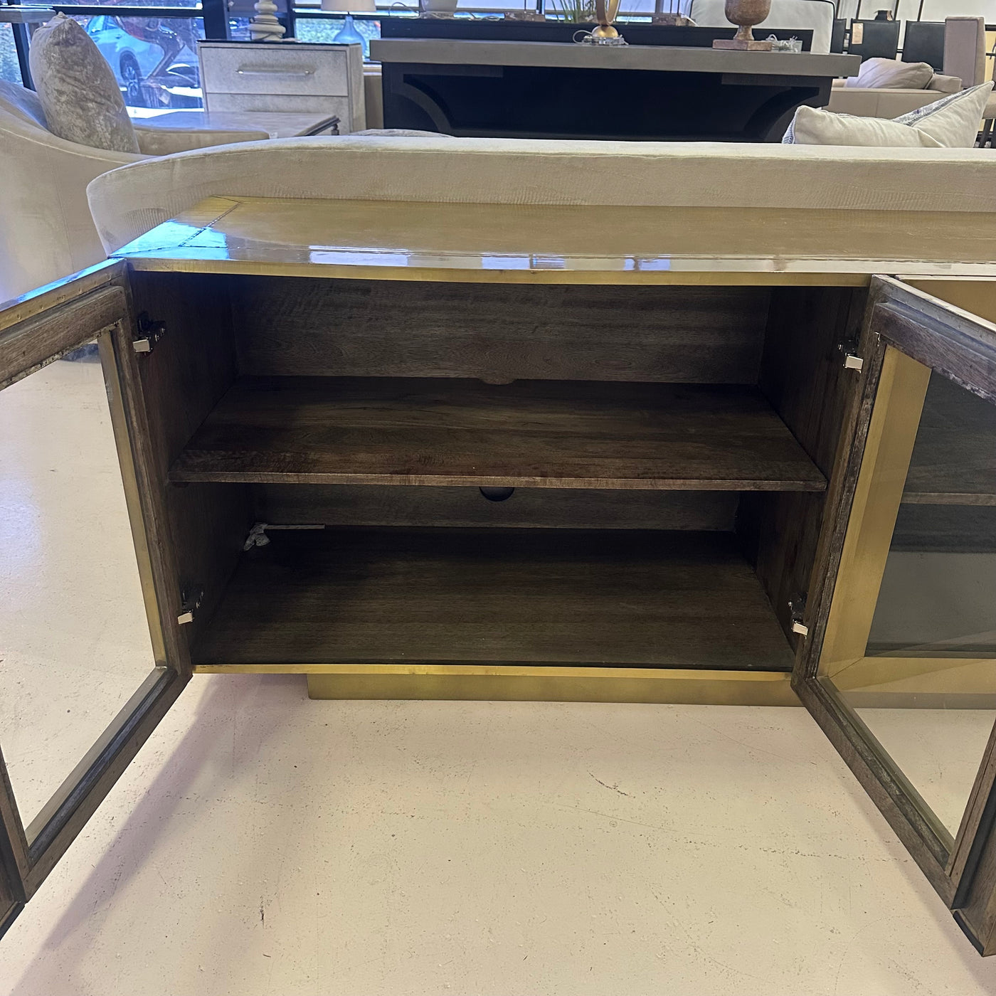 four hands freda media console brass cabinet