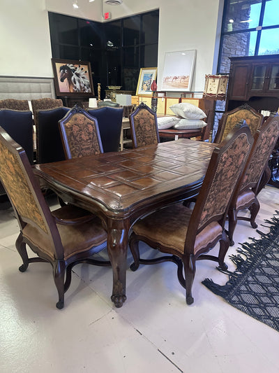 Marge Carson Dining Table - Includes 6 Henredon Dining Chairs w/ Brown Leather Seats