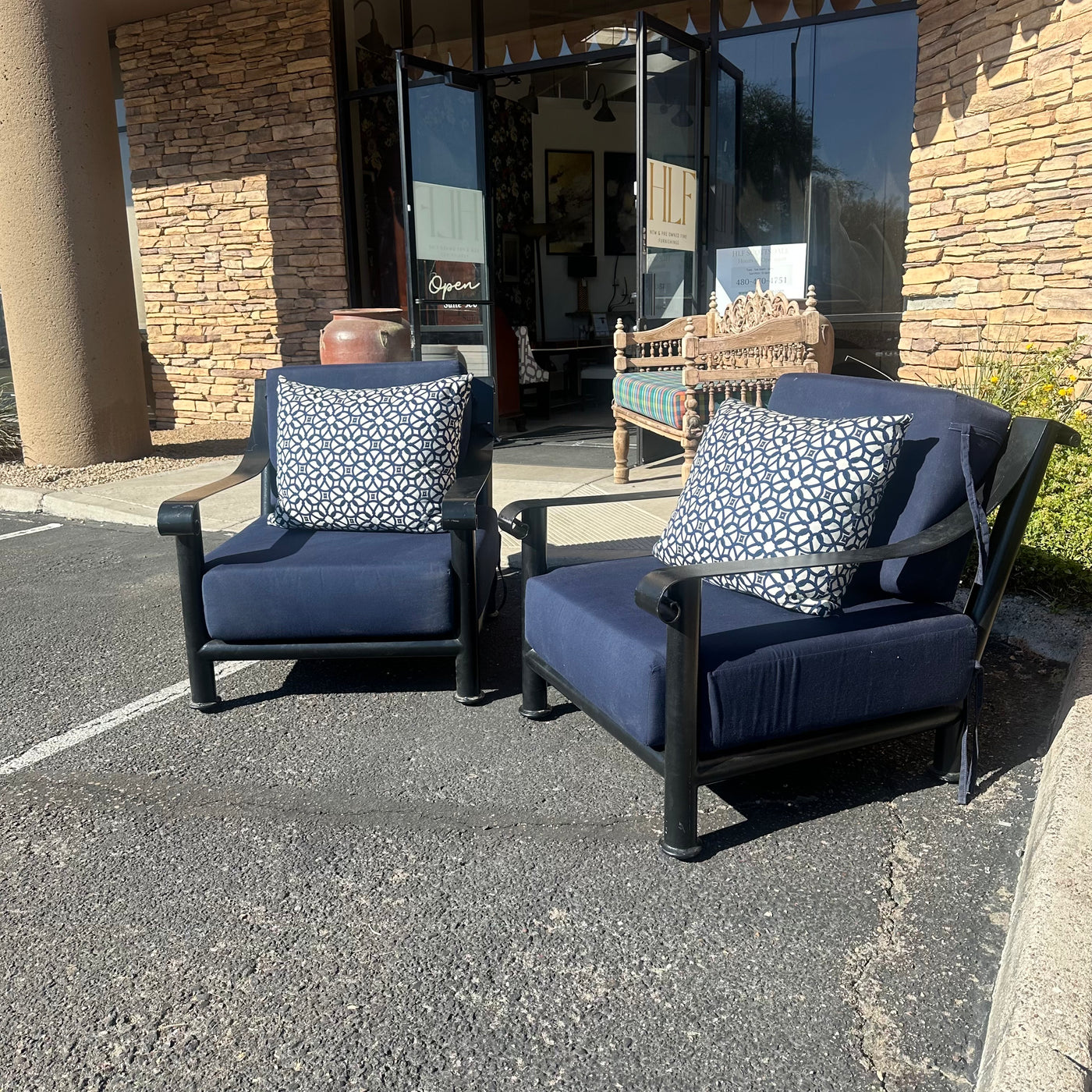 Heavy Wrought Iron Patio Chairs with Sunbrella Cushions