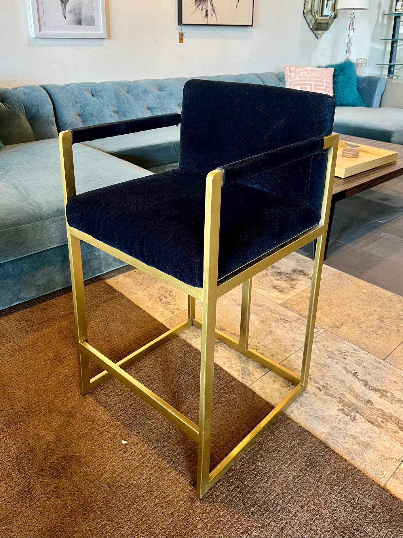 Restoration Hardware Counter Height Blue & Gold Bar Stools