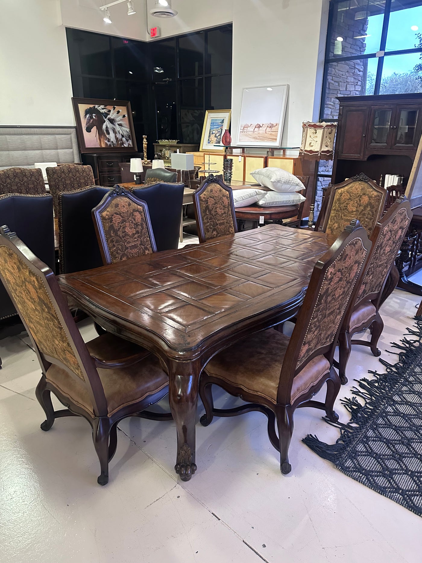 Marge Carson Dining Table - Includes 6 Henredon Dining Chairs w/ Brown Leather Seats